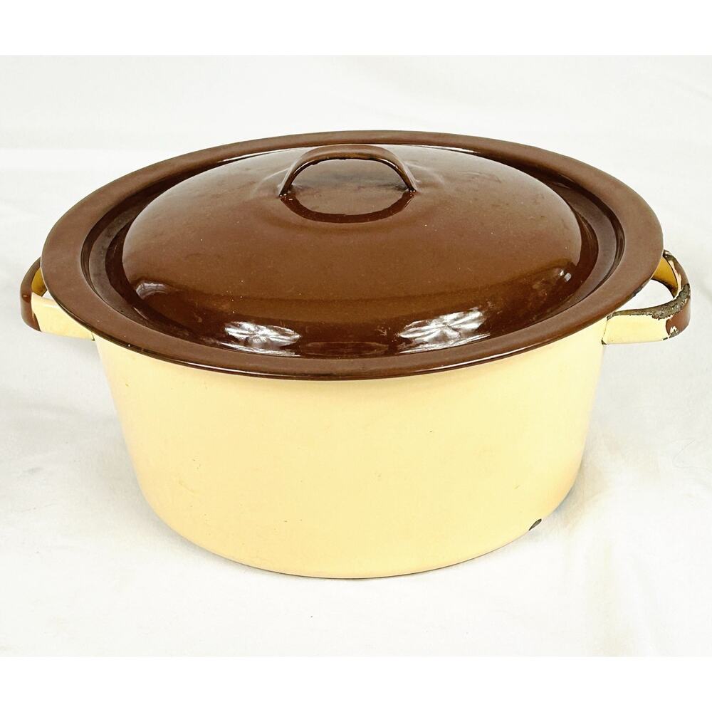 Vintage Enamel Ware Stock Pot w/ Lid Cookware Beige / Brown Farmhouse